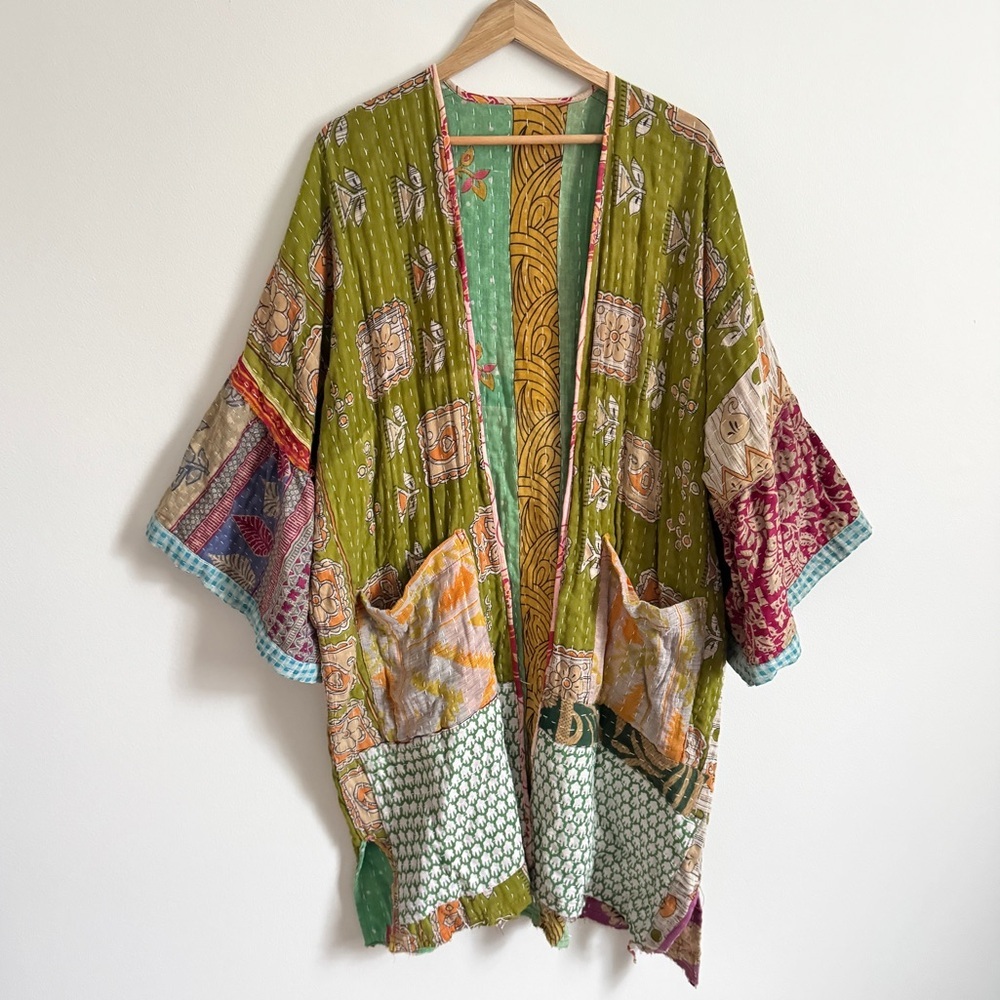 Vintage-Inspired Olive Green Boho Patchwork Kimono Cardigan